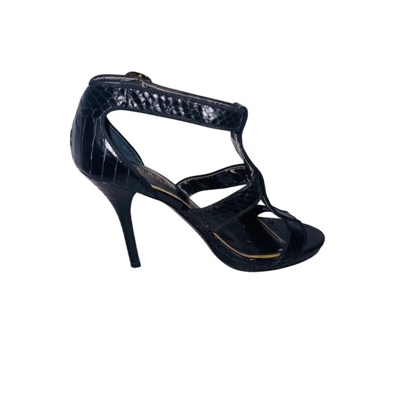 Lauren Ralph Lauren Black Crocodile Embossed Strappy Heels With Gold Buckle 6 - Picture 5 of 11